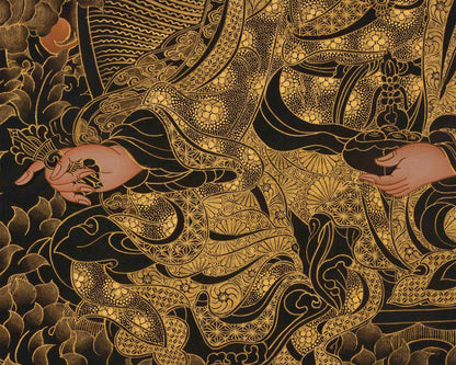 Gold and Black Guru Rinpoche Thangka | Traditional Tibetan Art of Padmasambhava