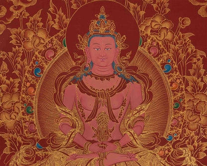 Amitayus Buddha Thangka | Hand-Painted on Red Background for Longevity and Wisdom