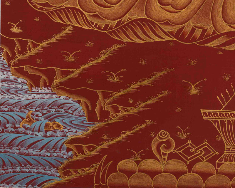 Amitayus Buddha Thangka | Hand-Painted on Red Background for Longevity and Wisdom