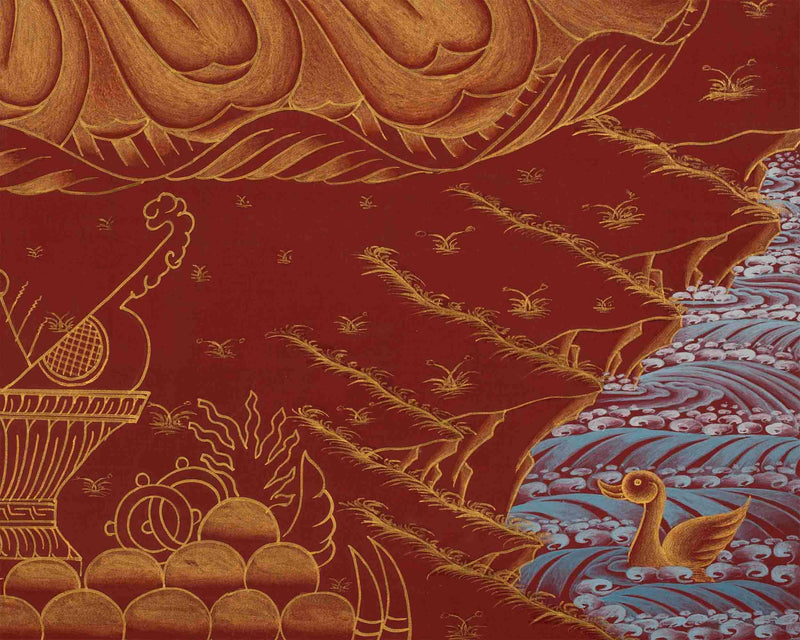 Amitayus Buddha Thangka | Hand-Painted on Red Background for Longevity and Wisdom