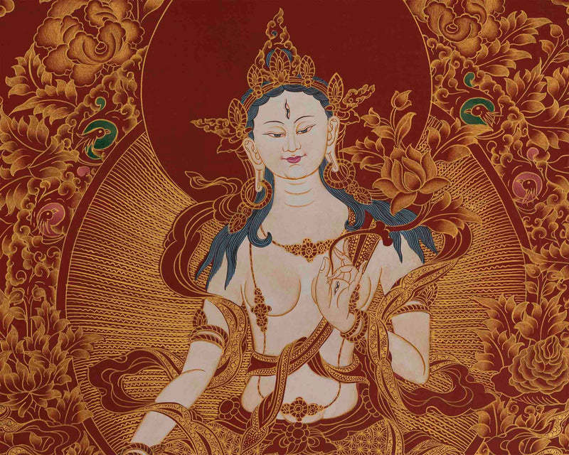 White Tara on Red Background | Female Bodhisattva Thangka Painting | Mother of Buddhas