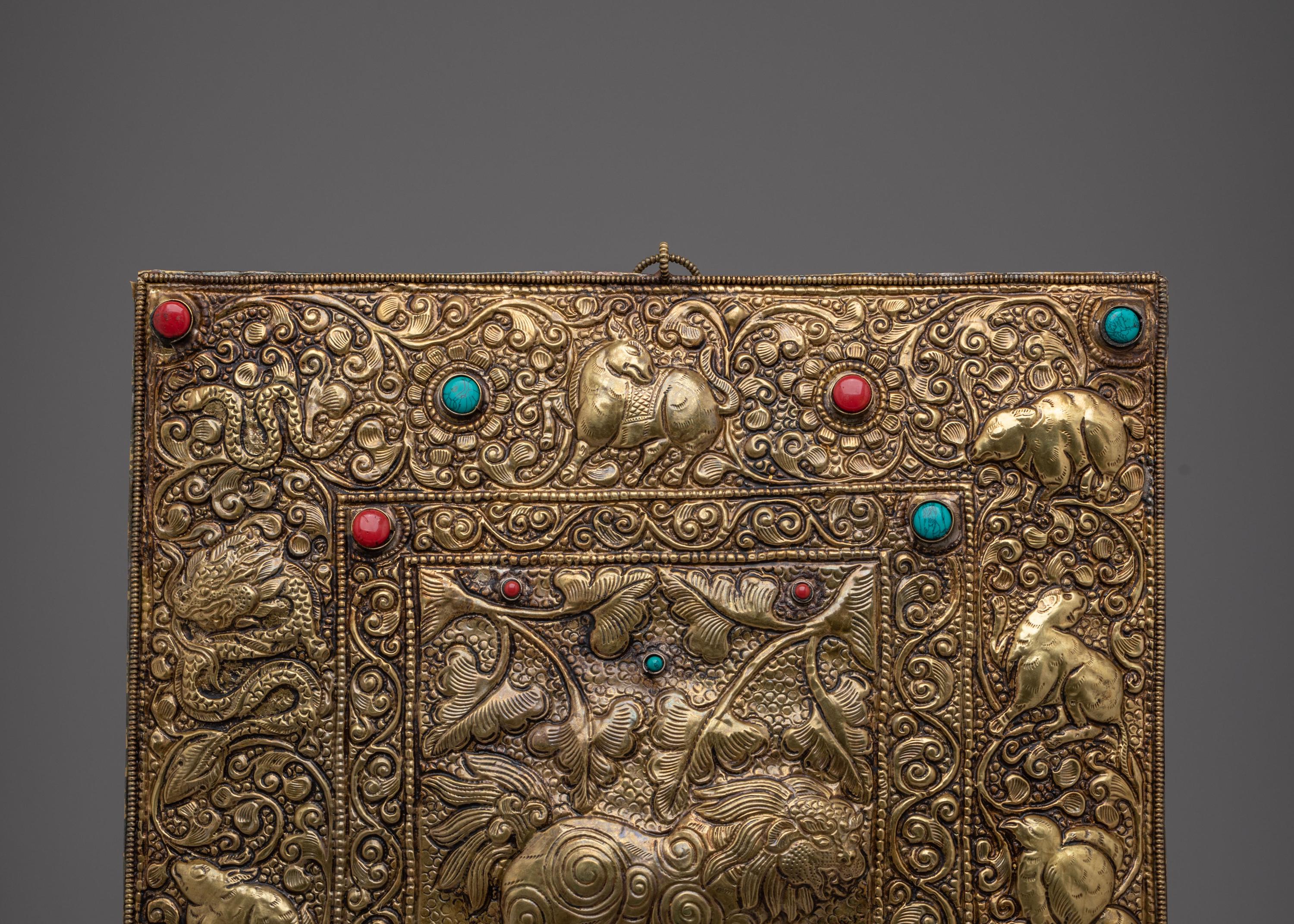 Decorative Tibetan Wall Hanging | Gemstone Inlaid Copper Art