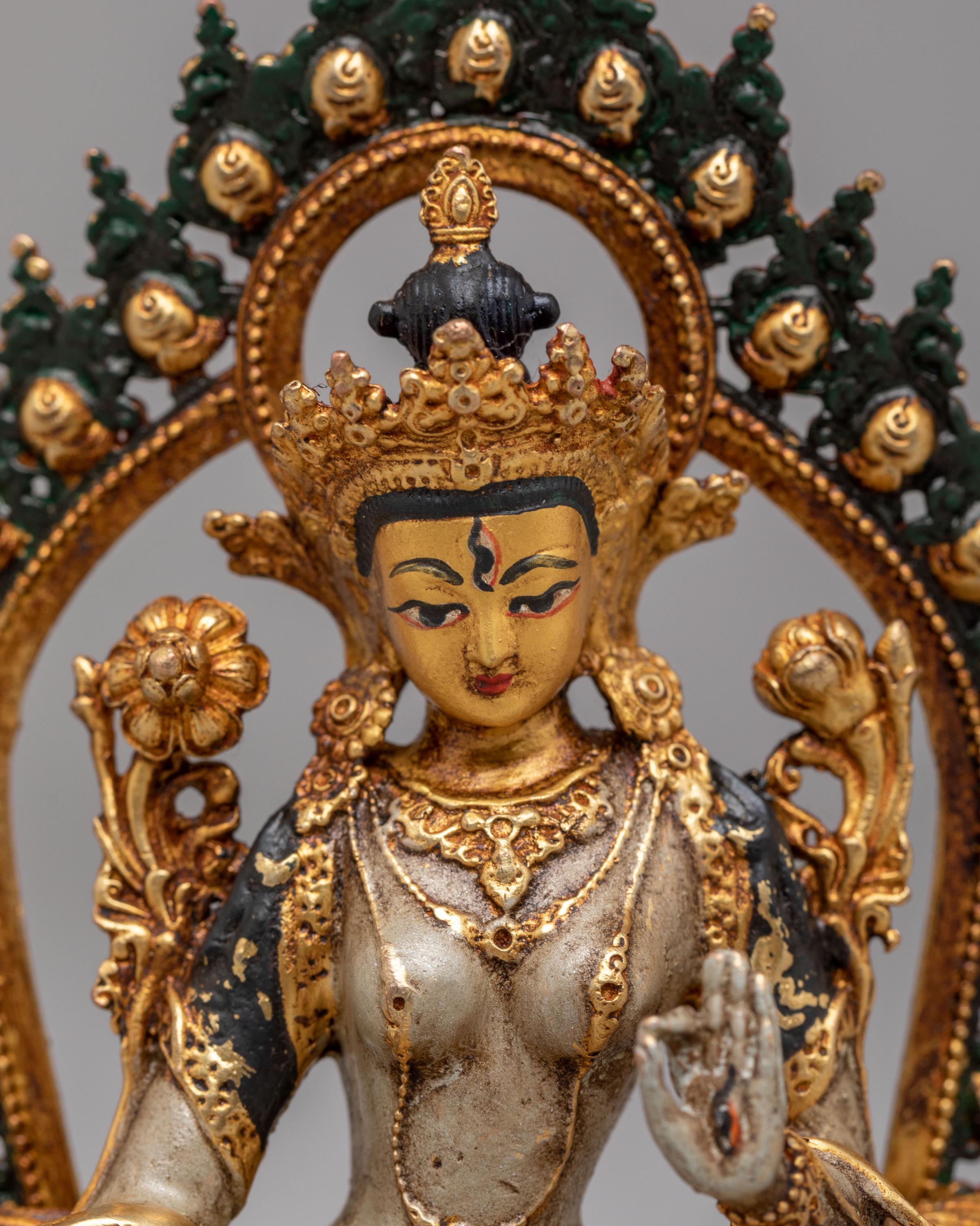 Himalayan White Tara Meditation Statue | 24K Gold Plated Buddhist Goddess