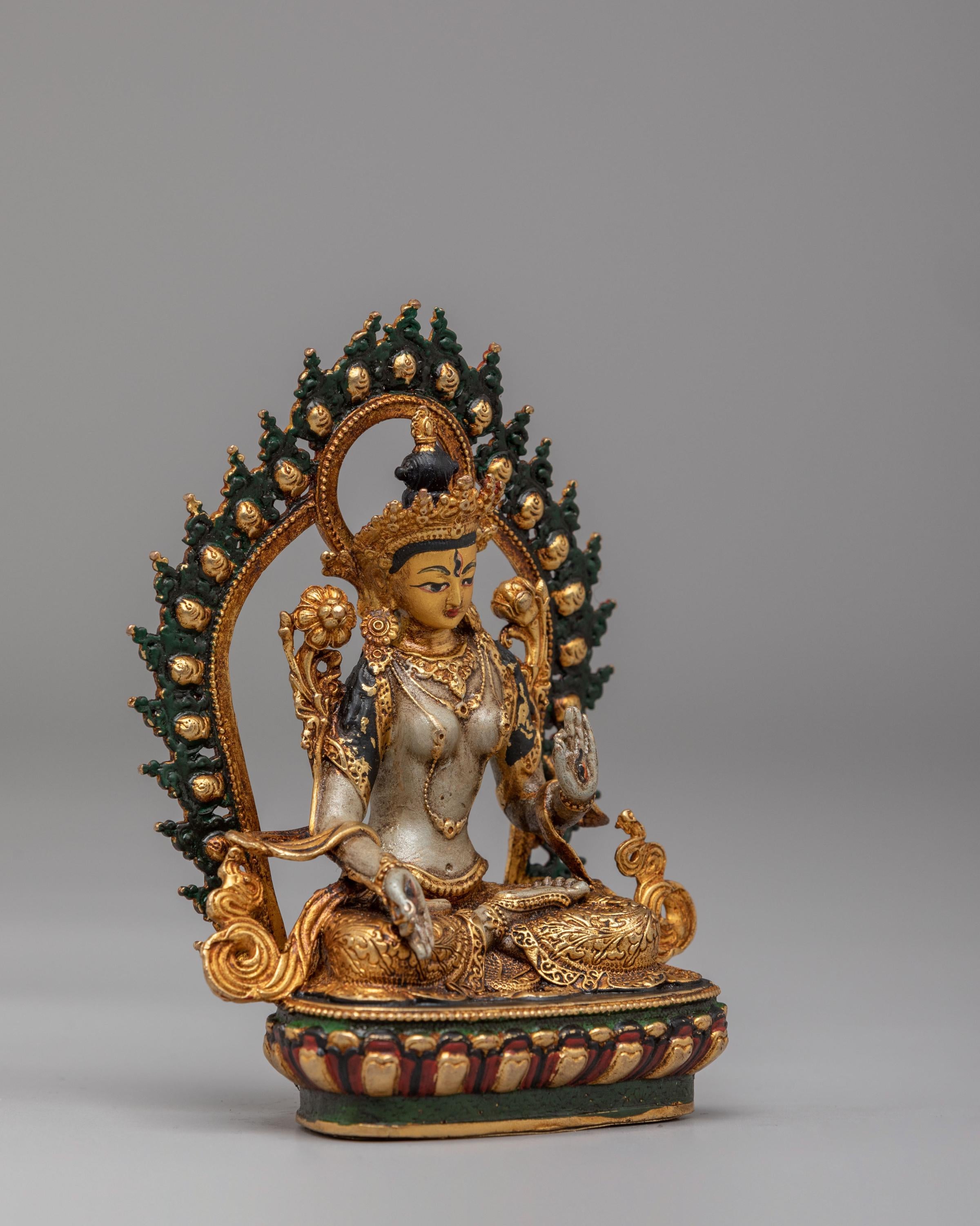 Himalayan White Tara Meditation Statue | 24K Gold Plated Buddhist Goddess