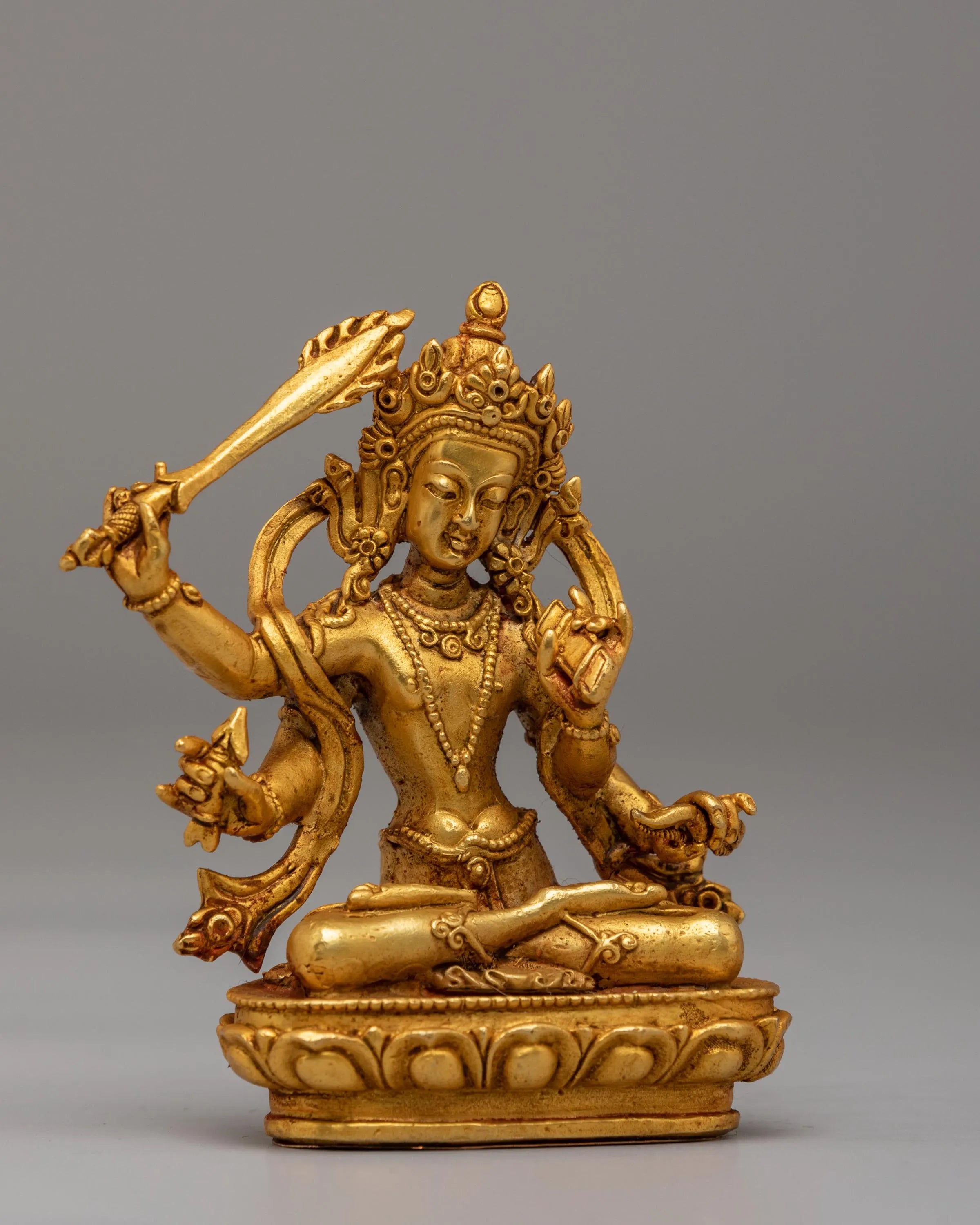 Spiritual Maha Manjushri Sculpture | Gold Plated Copper Wisdom Buddha