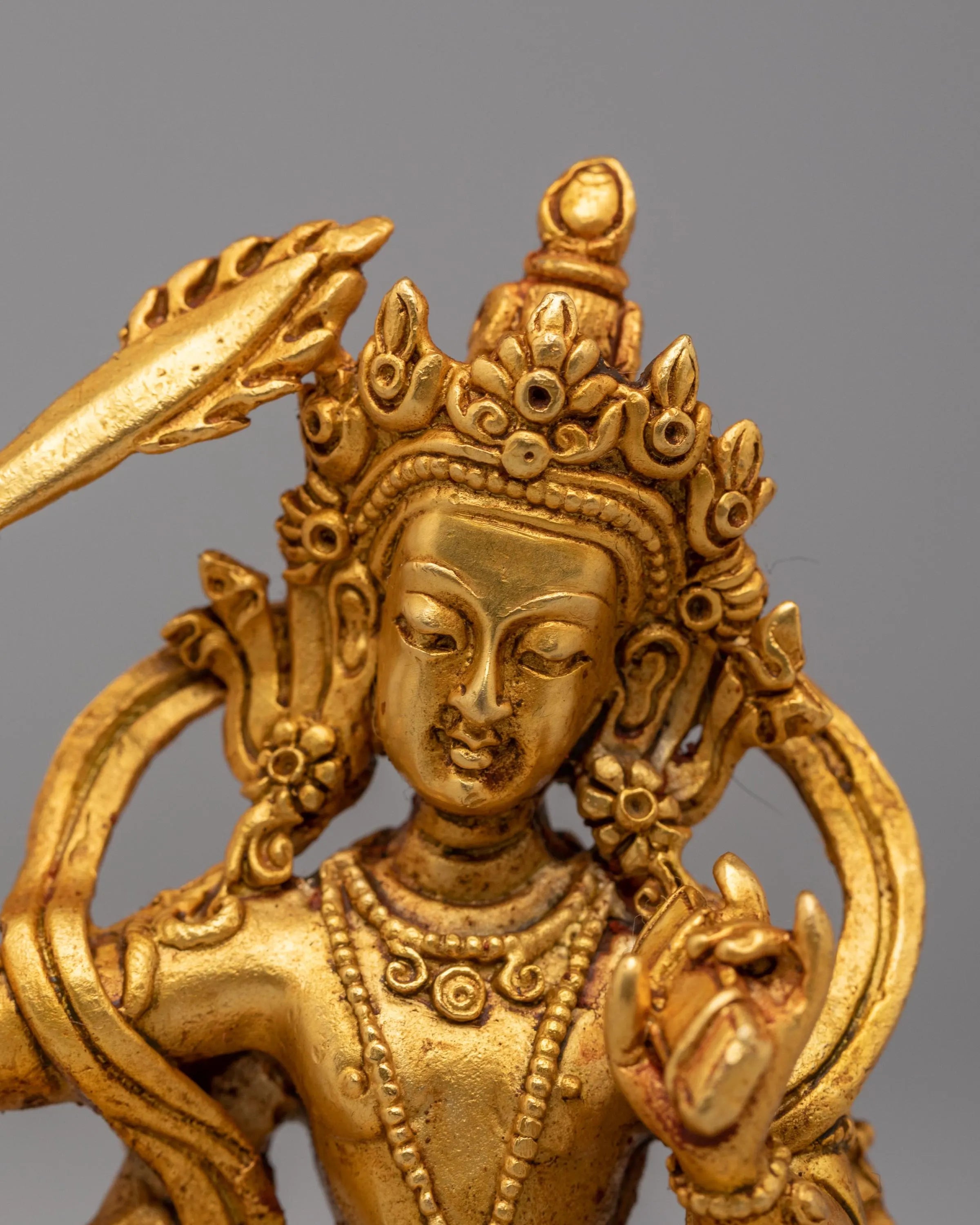 Spiritual Maha Manjushri Sculpture | Gold Plated Copper Wisdom Buddha