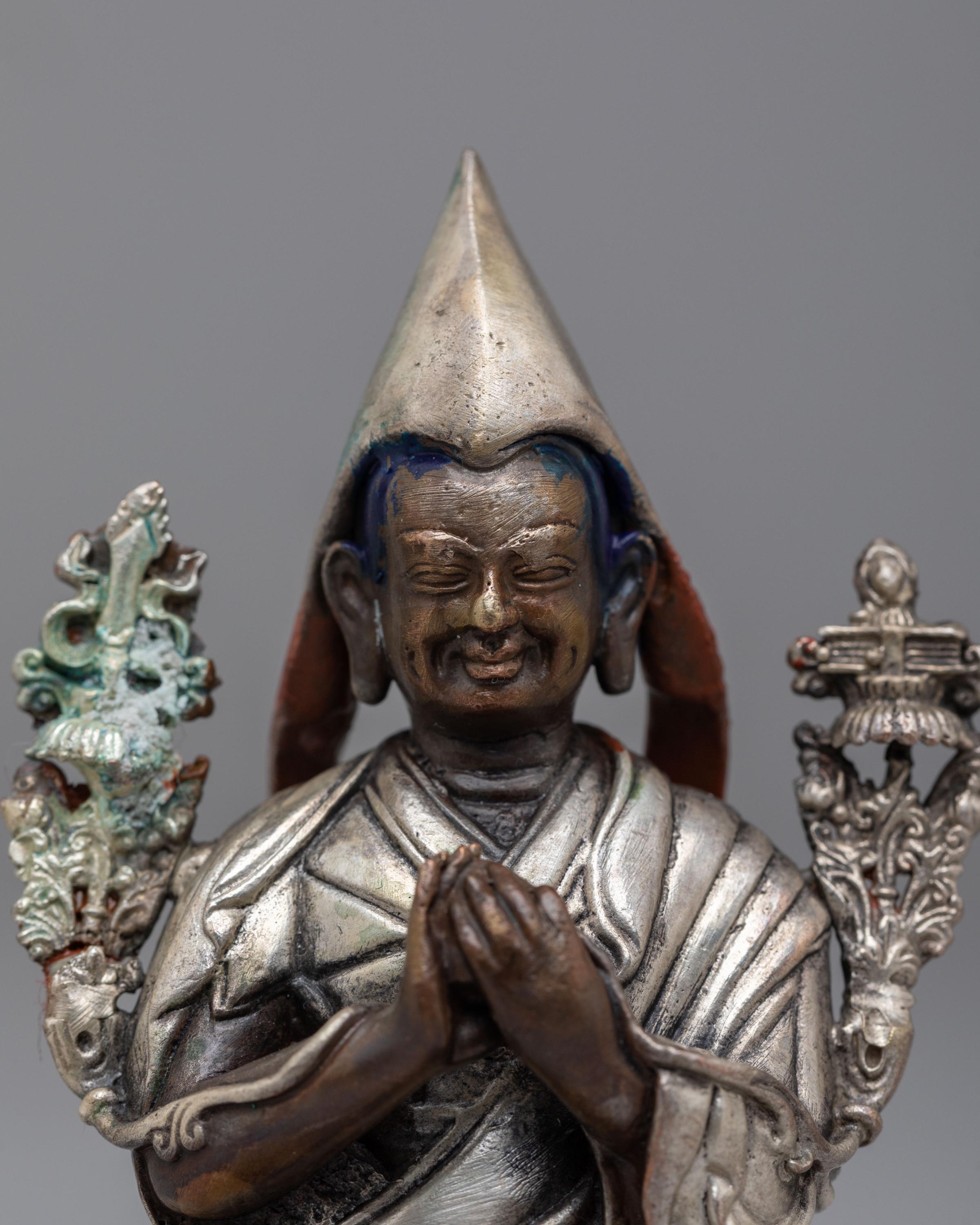 Traditional Buddhist Tsongkhapa Statue | Oxidized Copper & Silver