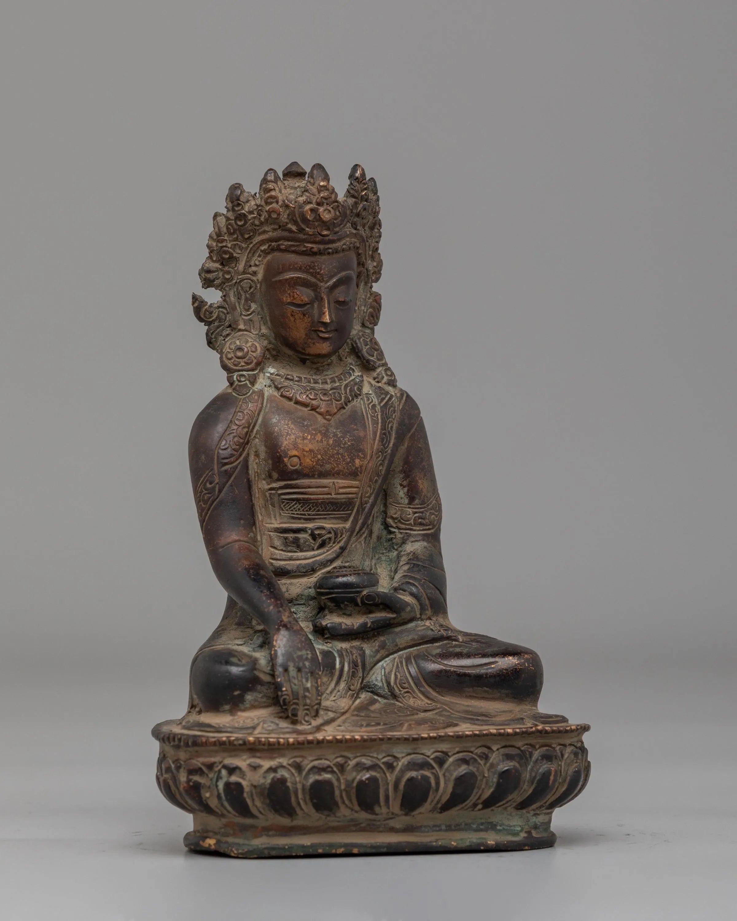 Handmade Crown Shakyamuni Buddha Statue | Oxidized Brass Crowned Buddha