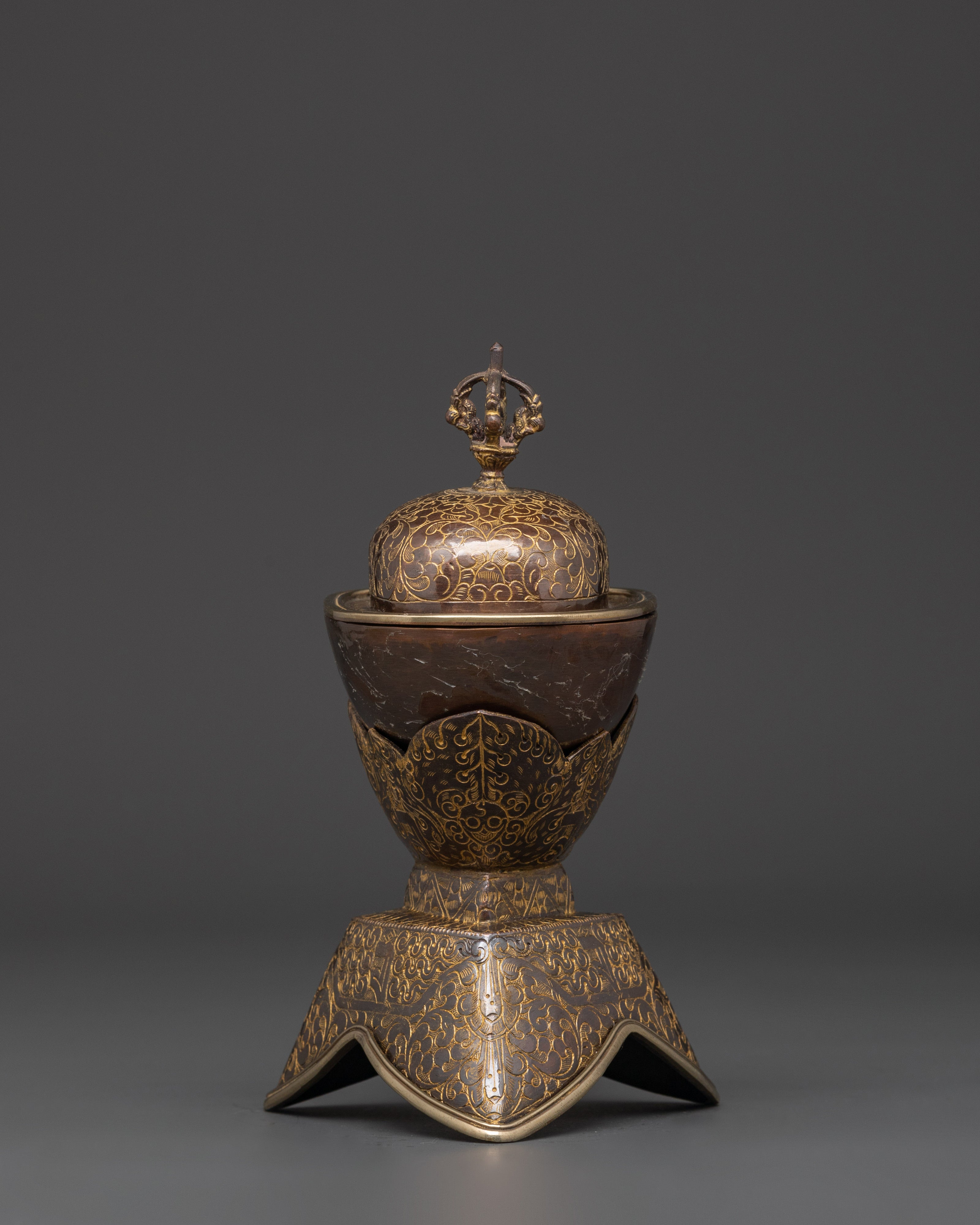 Tibetan Kapala Set for Buddhist Rituals | Oxidized Copper Skull Cup with Vajra Lid