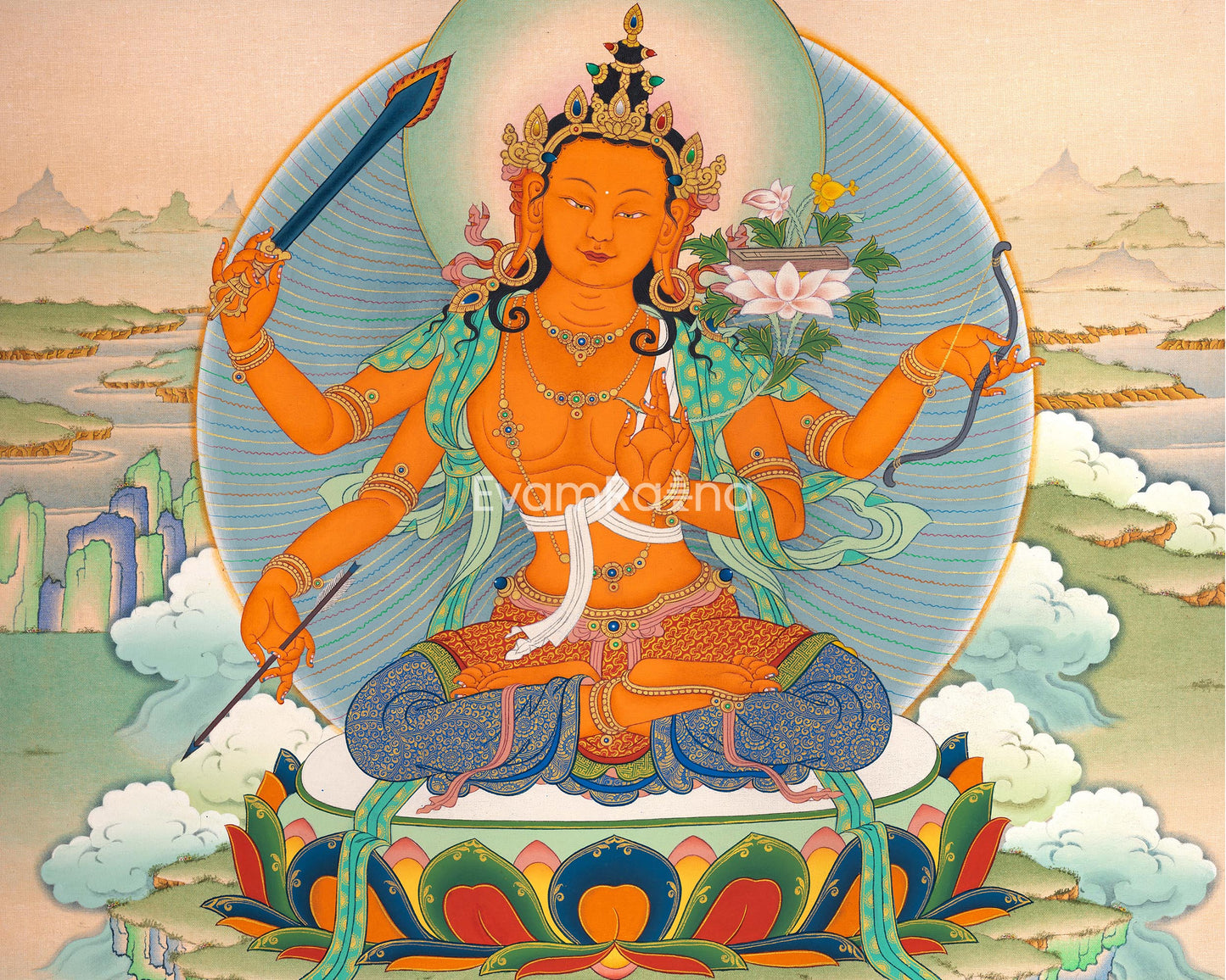 Dive into Knowledge with Manjushri's Thangka Print | Sword of Wisdom