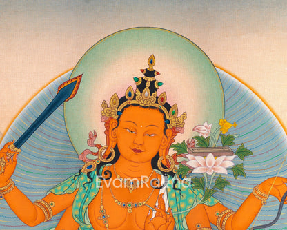 Dive into Knowledge with Manjushri's Thangka Print | Sword of Wisdom