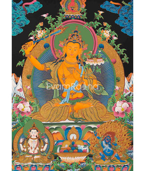 Original Hand-Painted Manjushri Thangka with Amitabha Buddha, Chengrezig and Vajrapani | Bodhisattva of Compassion and Wisdom |