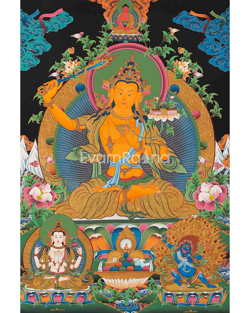 Original Hand-Painted Manjushri Thangka with Amitabha Buddha, Chengrezig and Vajrapani | Bodhisattva of Compassion and Wisdom |