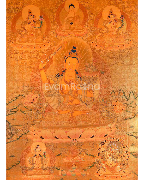 Full Gold Style Arya Boddhisattva Manjushri Original Hand painted Thangka | Religious Tibetan Wall Hanging Art |