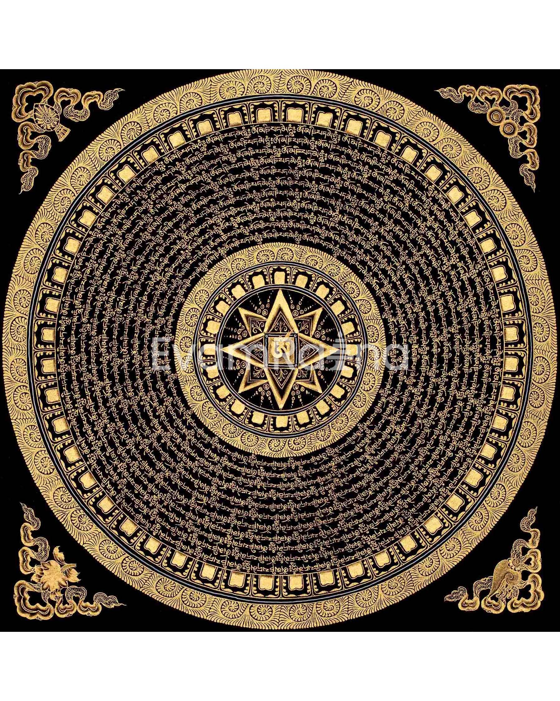 Genuine Hand Painted Mantra Mandala Thangka | Original Black And Gold Style Mandala | Wall Hanging Decor | Yoga & Meditation | Zen Wall Art