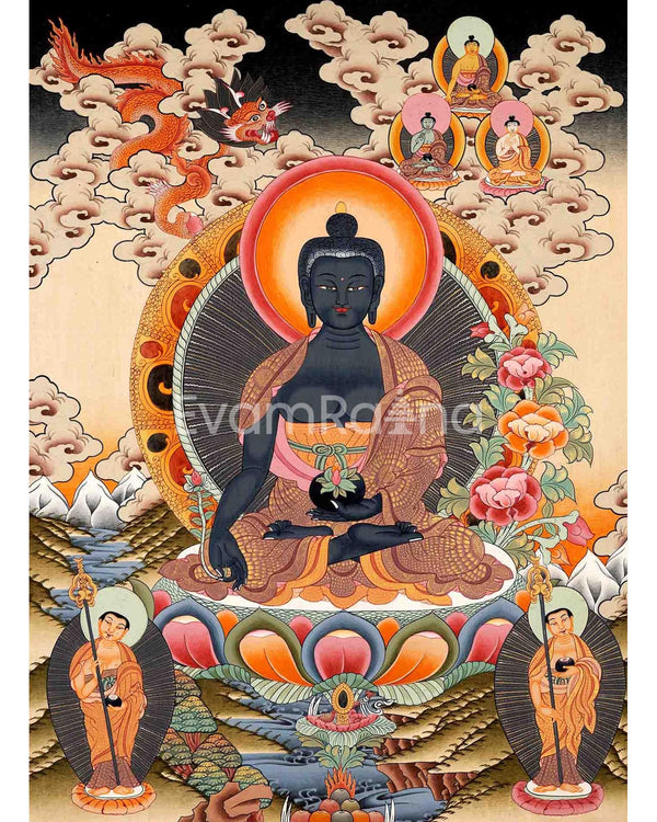 Medicine Buddha Originally Hand-Painted On Cotton Canvas: