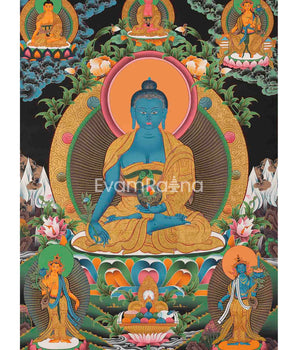 Hand Painted Original Master Quality Blue Medicine Buddha | Wall Hanging Mediation Painting Thangka |