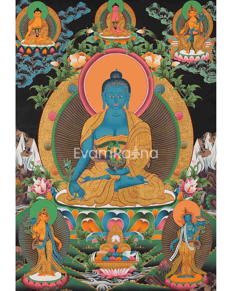 Hand Painted Original Master Quality Blue Medicine Buddha | Wall Hanging Mediation Painting Thangka |