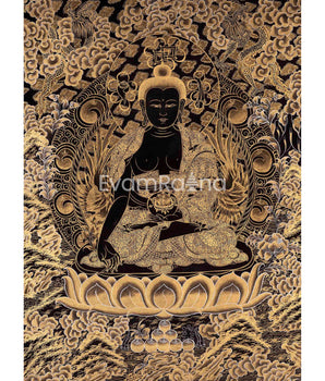 Black and Gold Style Medicine Buddha | Original Hand-Painted Tibetan Thanka | Healing Buddha |