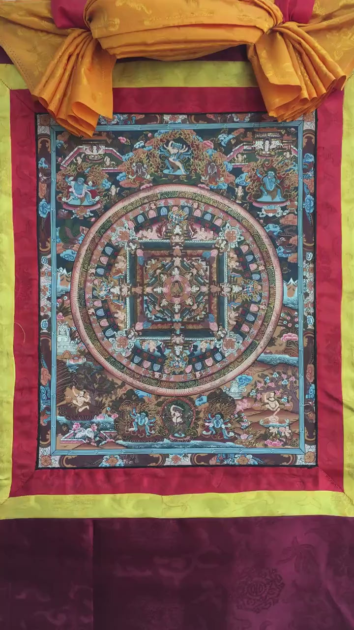 Load video: Vintage Buddha Mandala With Brocade | Tibetan Rare Find | Yoga Meditation Tool