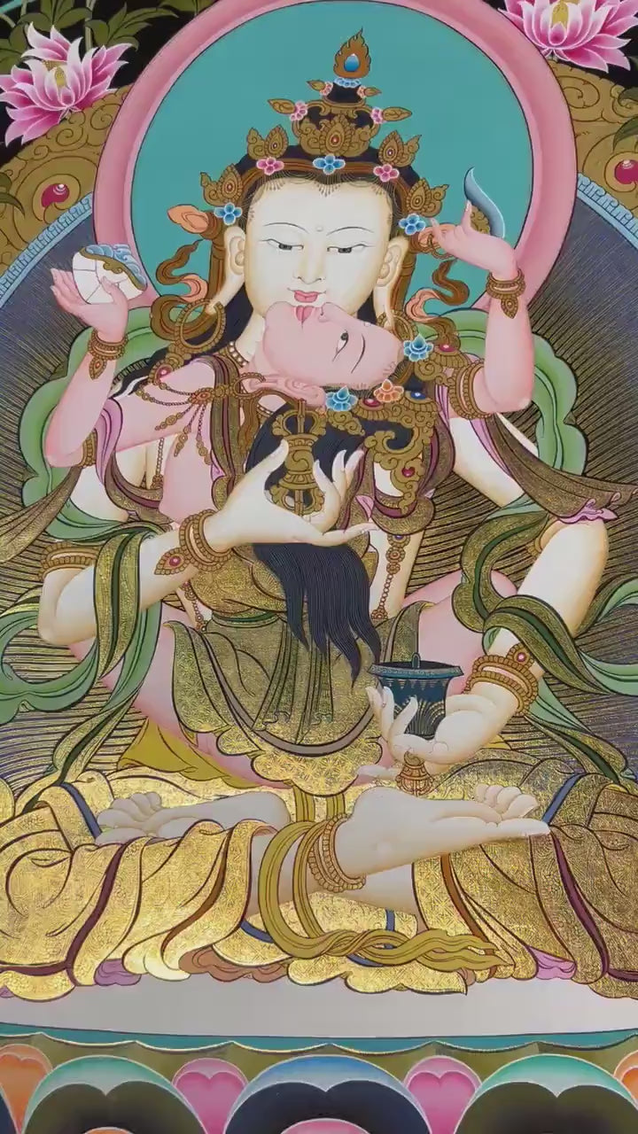 Load video: Vajrasattva Shakti Thangka | Tibetan Dorje Sempa Yab Yum 24K Gold Painting Figure