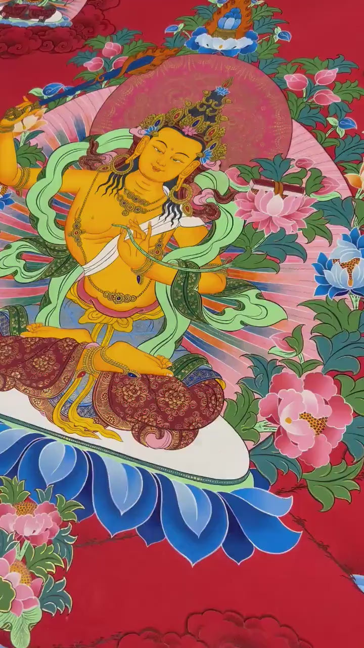 Load video: Five Forms of Bodhisattva Manjushri Thangka | Tibetan Art of Wisdom and Enlightenment