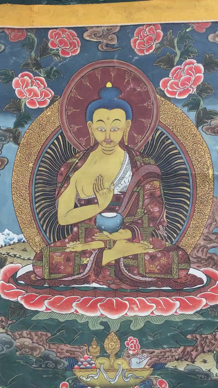 Load video: Old Blessing Buddha Thangka Painting with Brocade | Very Rare Tibetan Wall Hanging