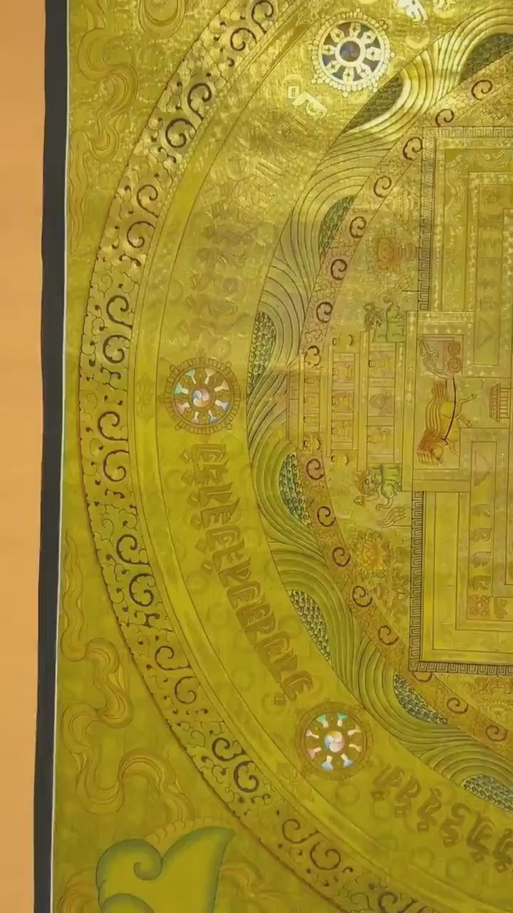 Load video: High Quality Full 24K Gold Style Big Kalachakra Mandala | Wall Hanging Decoration For Meditation And Yoga