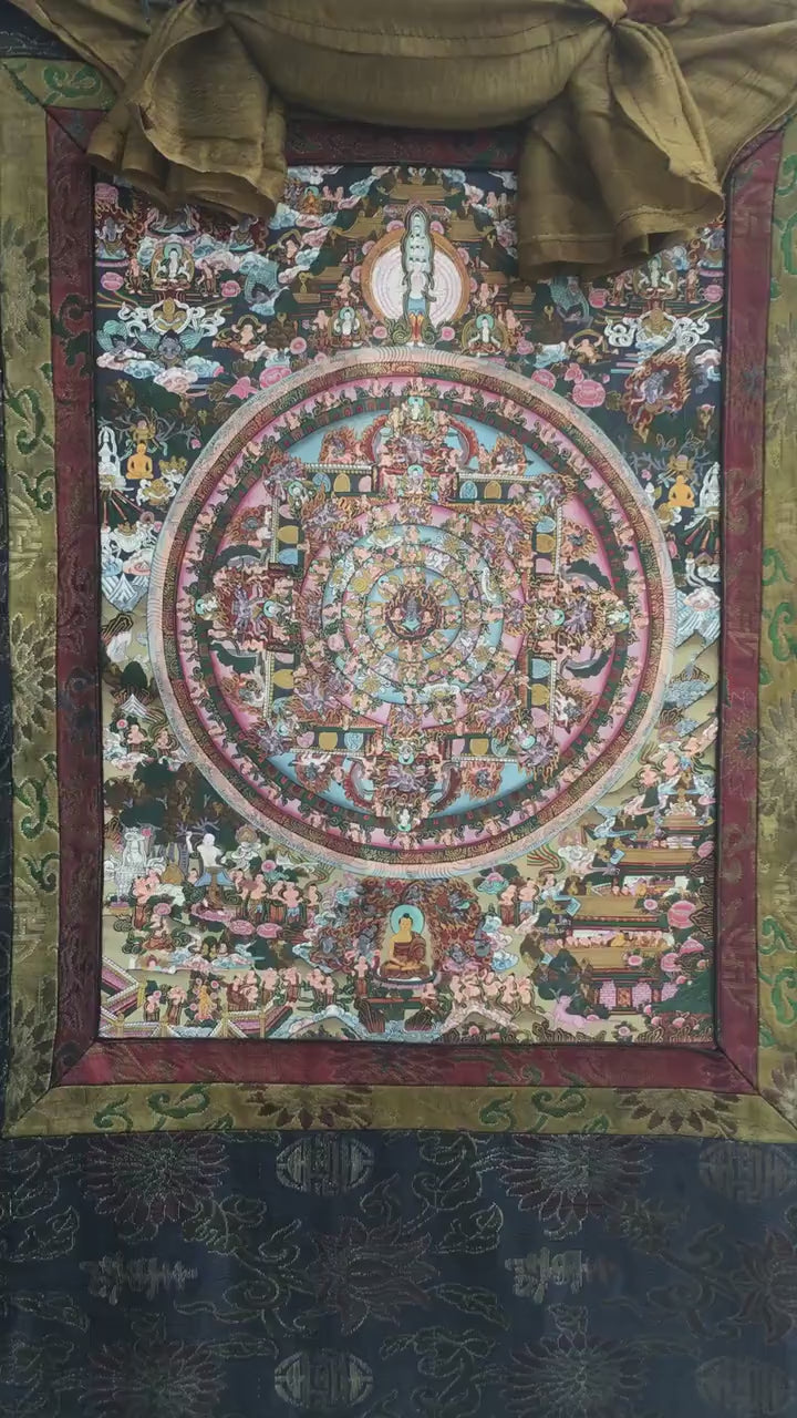 Load video: Vintage Heruka Mahakala Mandala Thangka with Brocade | Oil Varnished Thangka