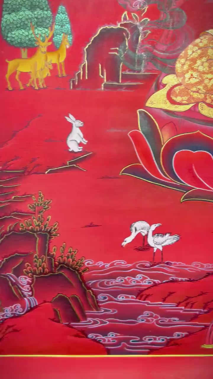 Load video: Manjushree Bodhisattva Thangka with Red Background | Buddhist Deity Of Wisdom