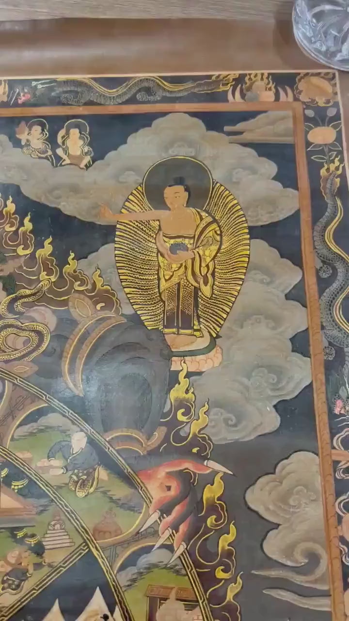 Load video: Oil Varnished Wheel Of Life Buddhist Thanka | Bhavachakra Painting for Buddhist Meditation