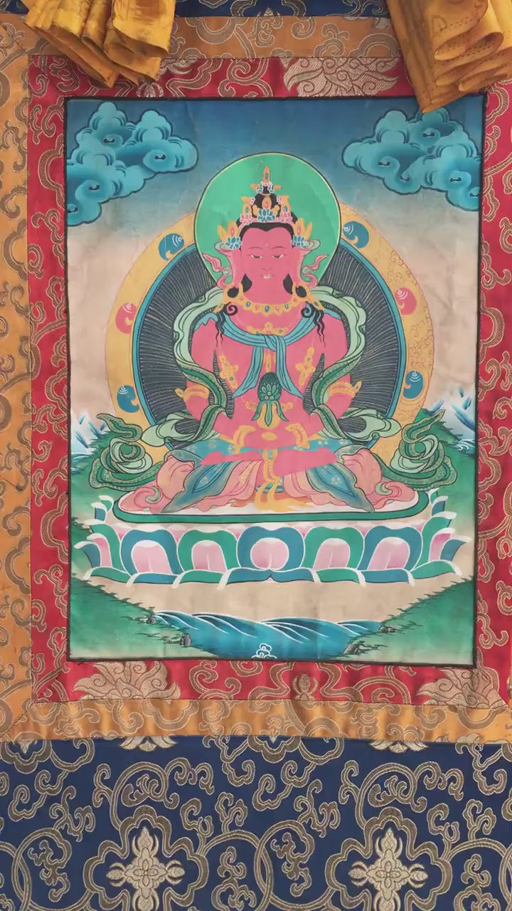Load video: Vintage Amitayus Buddha Thangka |Brocade Mounted Tibetan Thangka | Spiritual Gift