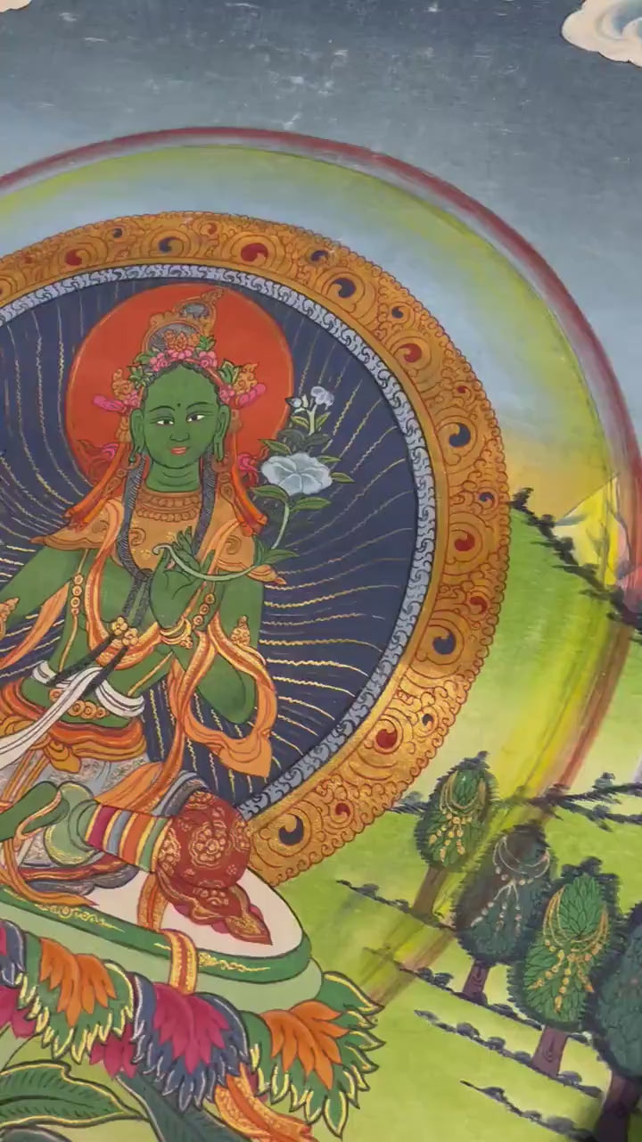 Load video: Traditional Green Tara Thangka | Original Hand-Painted Healing Female Deity | Healing Tara Painting |Wall Hanging Yoga Meditation Canvas Art
