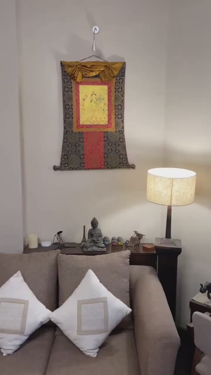 Load video: Green Tara Thangka with Brocade | Hand Painted in Gold Style