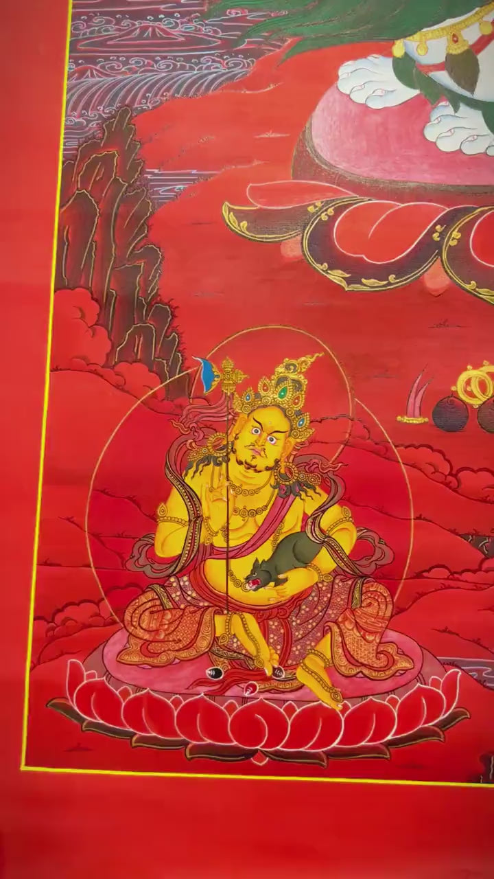 Load video: Namtose Thangka with red background | Original Hand Painted Wealth Deity