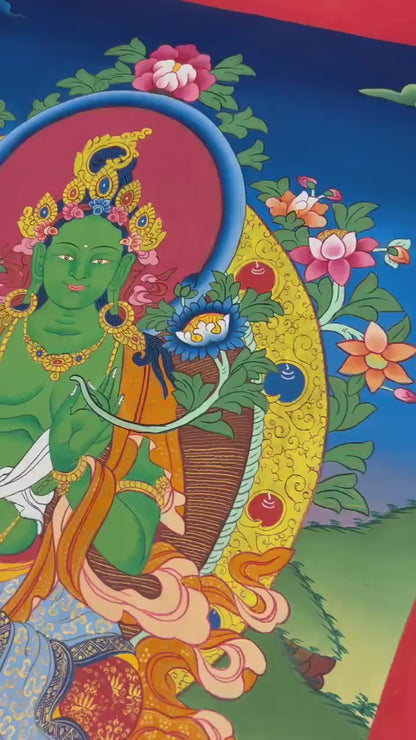 Green Tara Thangka | Original Hand Painted Healing Female Deity | Healing Tara Painting | Art Painting for Meditation and Yoga | Wall Decor