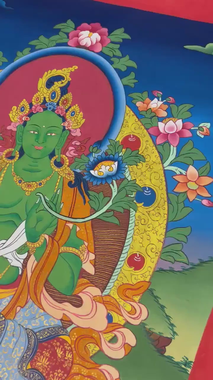 Load video: Green Tara Thangka | Original Hand Painted Healing Female Deity | Healing Tara Painting | Art Painting for Meditation and Yoga | Wall Decor