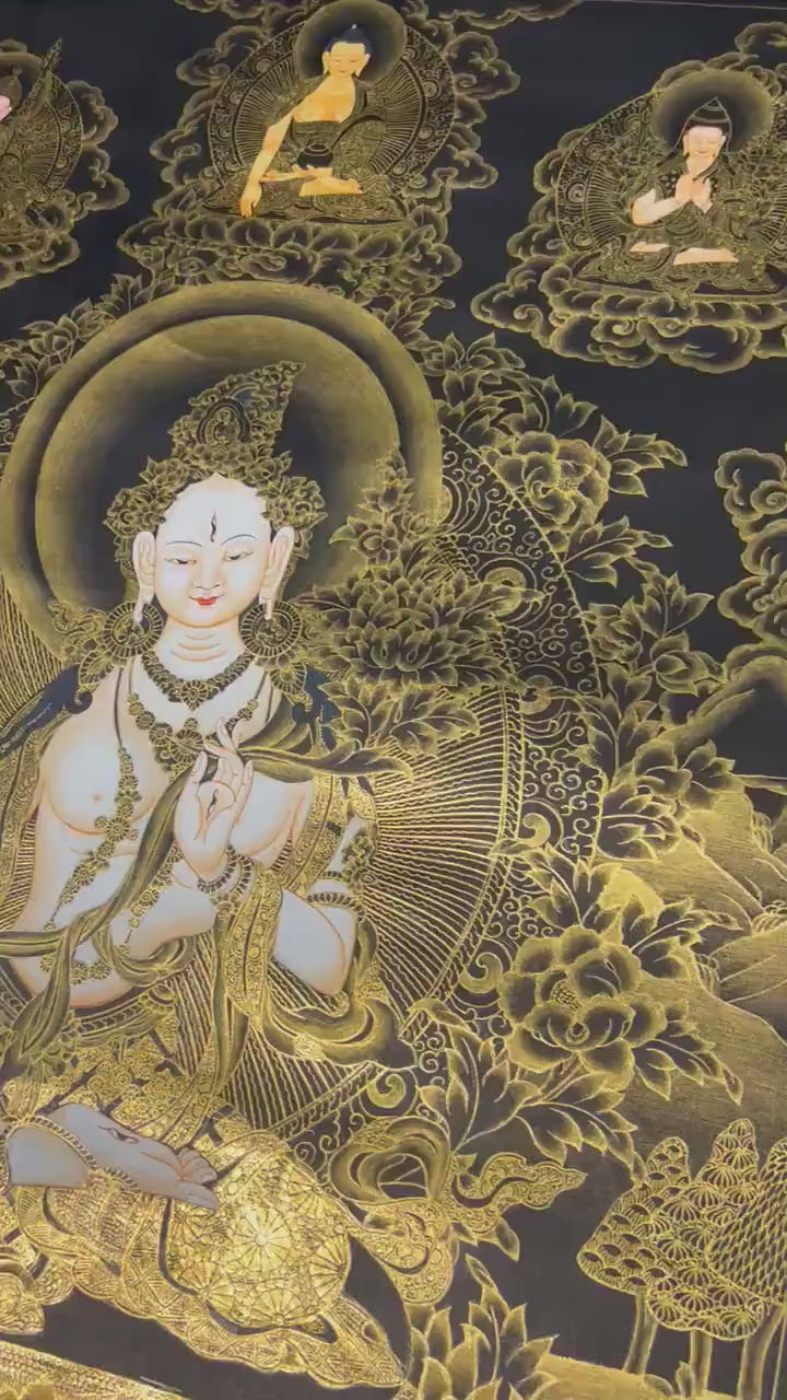 Load video: Black and Gold Style White Tara Thangka Art | Original Hand Painted Tibetan Thangka Painting | Meditation And Yoga | Wall Hanging Decoration