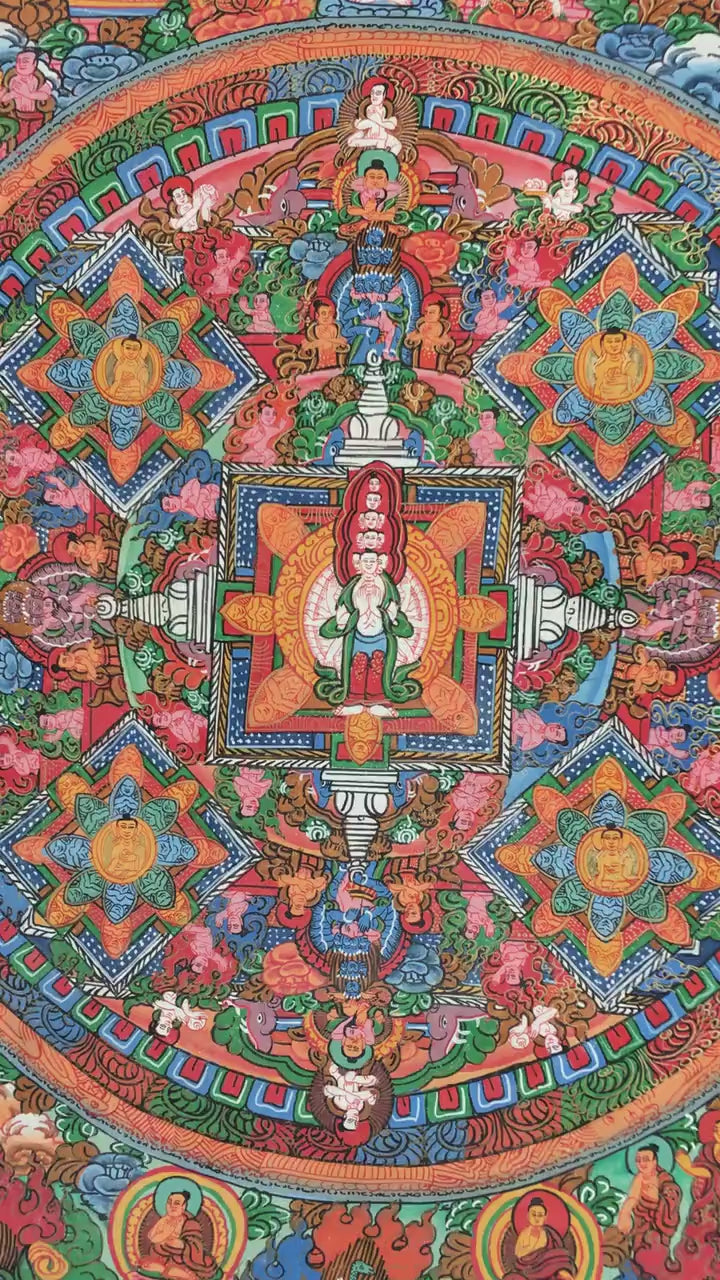 Load video: Avalokiteshvara Buddha Mandala Thangka with Brocade | Avalokiteshvara Mandala
