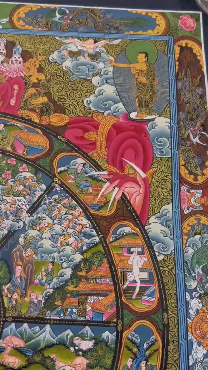 Load video: Fine Quality Wheel Of Life | Bhavachakra Painting for Buddhist Meditation and Yoga | Original Hand painted Tibetan Thangka for Wall Hanging