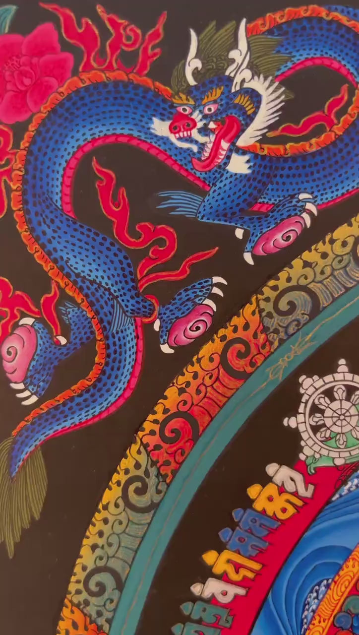 Load video: Dragon Kalachakra Mandala Thangka | Wall Hanging Yoga Meditation Canvas Art