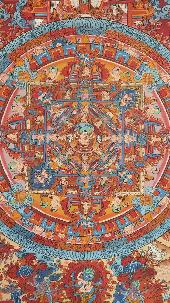 Load video: Brocade Mounted Buddha Mandala | Tibetan Thangka Painting | Wall Art