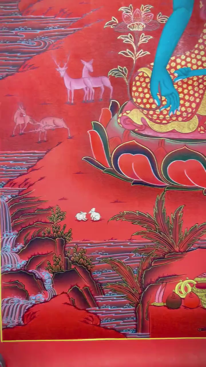 Load video: Medicine Buddha Thangka with Red Background | Bhaisajyaguru Original Hand-Painted Tibetan Healing Art |