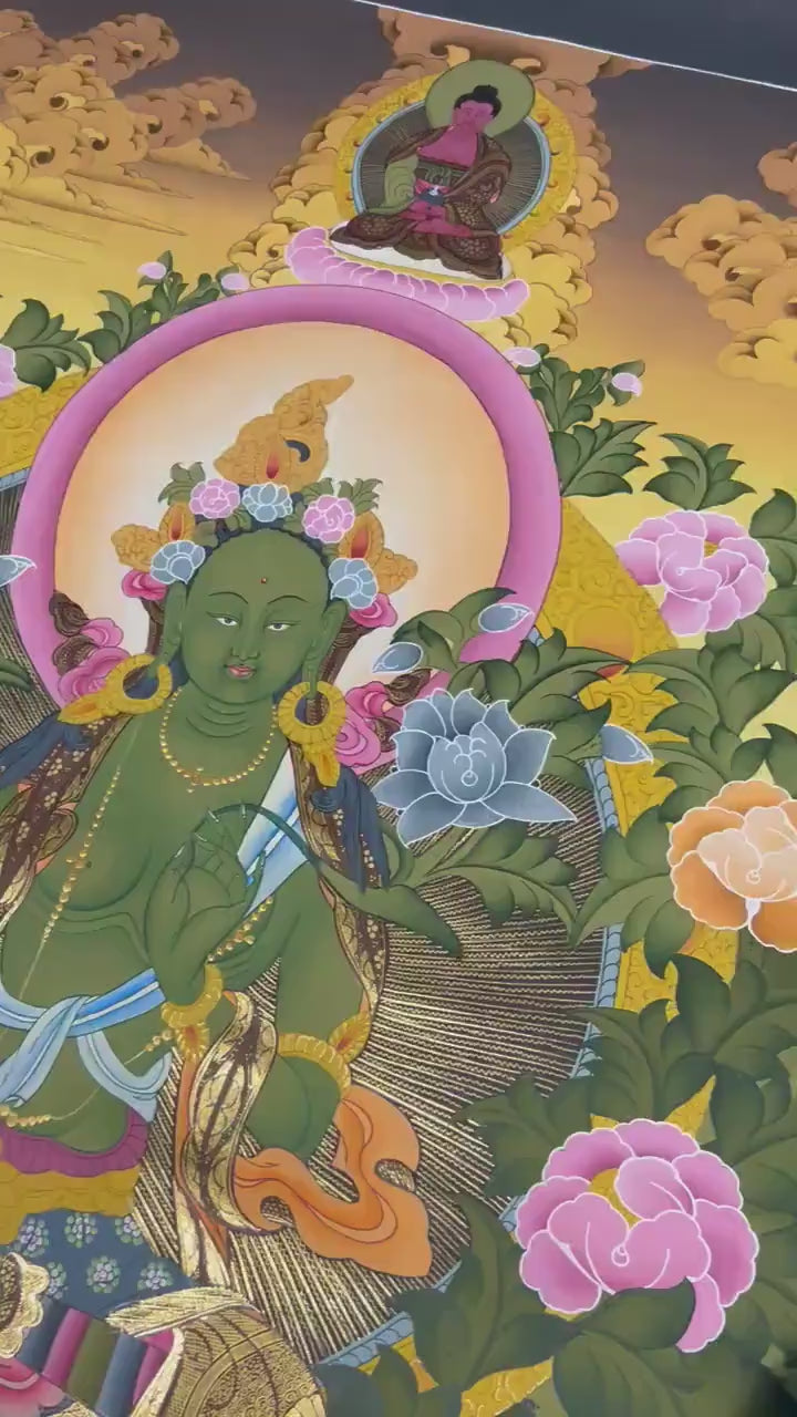 Load video: Original Hand Painted Green Tara Buddhist Thangka | Tibetan Dolma Himalayan Art