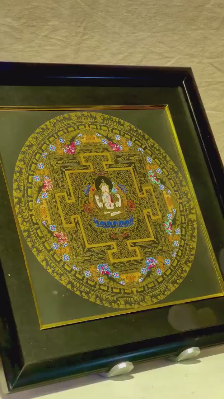 Load video: Original Hand-Painted Chengrezig Mandala  | Fine Quality Avalokitesvara Thangka Painting