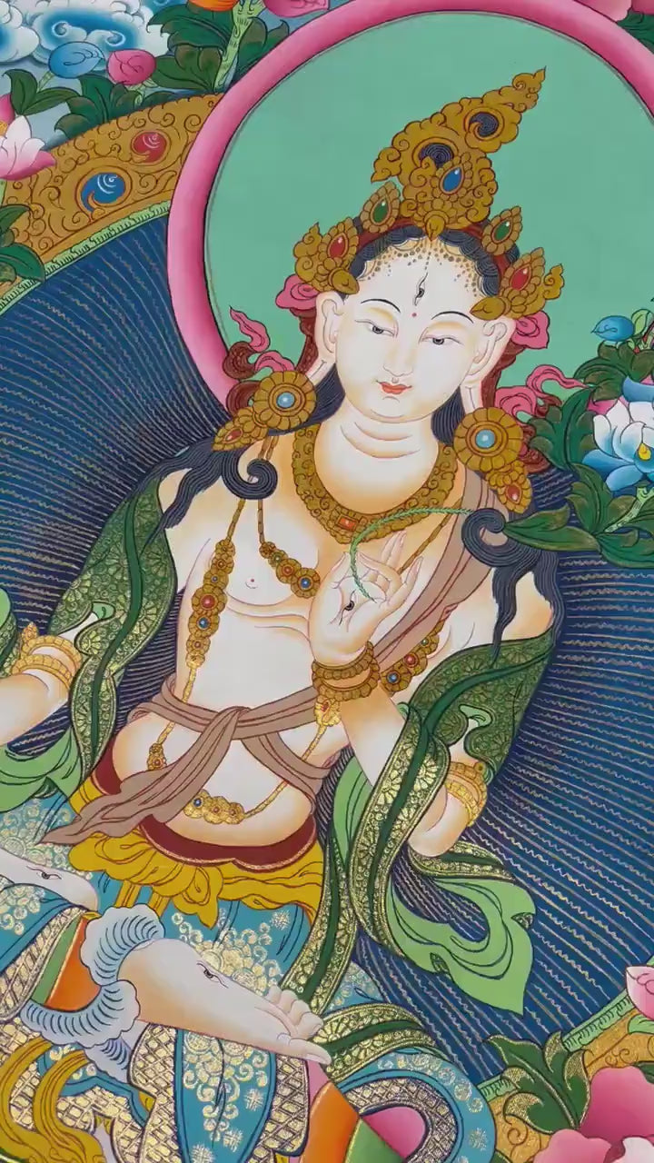 Load video: White Tara Thangka Flanked By Other Bodhisattva | Wall Decoration Painting | Art Painting for Meditation and Good Luck to house