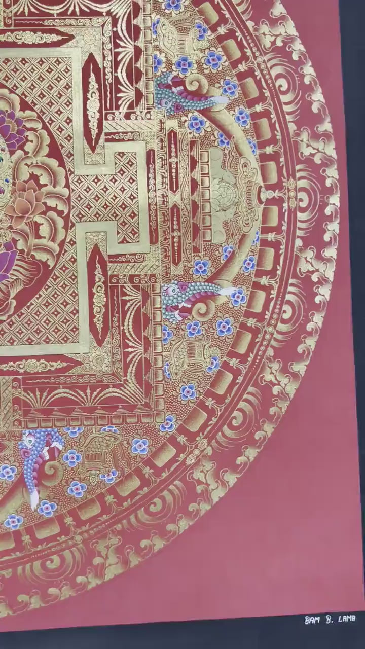 Load video: Genuine 24K Gold Painted Chengrezig Mandala |Art Painting for Meditation &amp; Yoga
