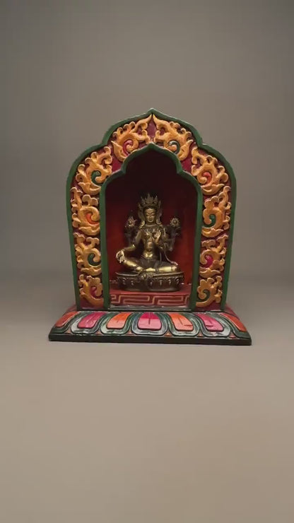 Vintage 25+ year old  Green Tara Sculpture With Wooden Throne | Handmade Buddhist Female Goddess