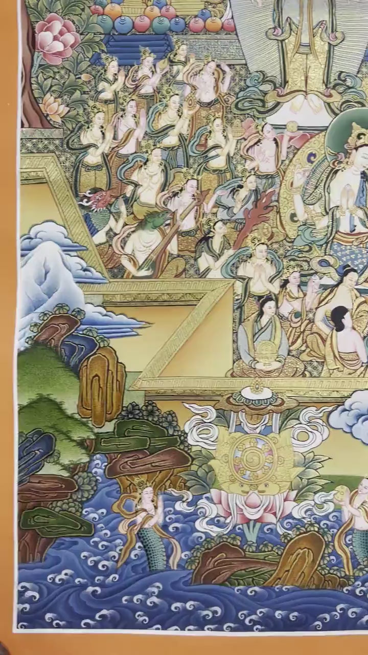 Load video: Avalokiteshvara Chengrezig Thangka With Amitabha Buddha | Vajrayana Buddhism Painting