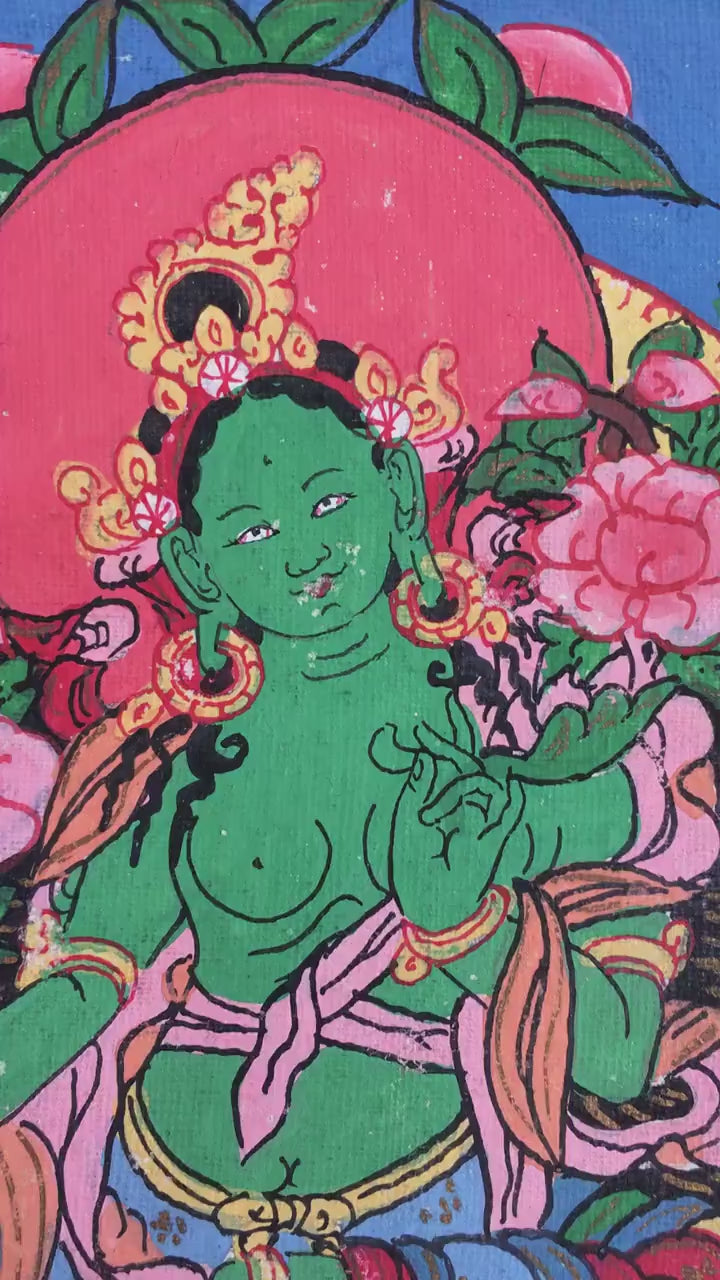 Load video: Vintage Green Tara 6.5 x 6.5 cm for your shrine | Wall hanging Decoration for Relaxation |